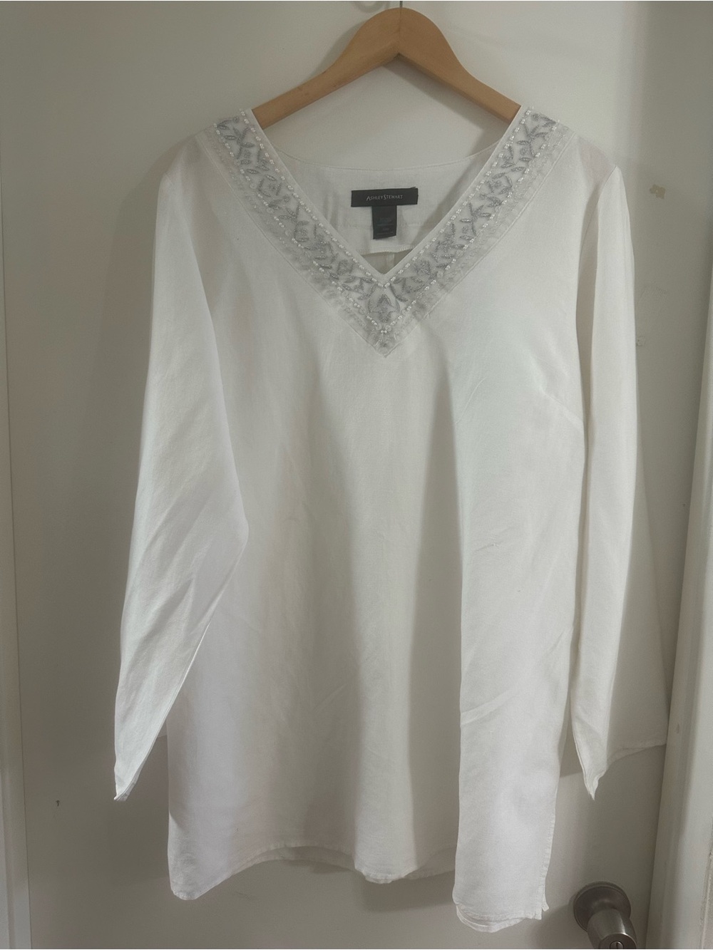 Ashley Stewart White V-Neck Beaded Tunic